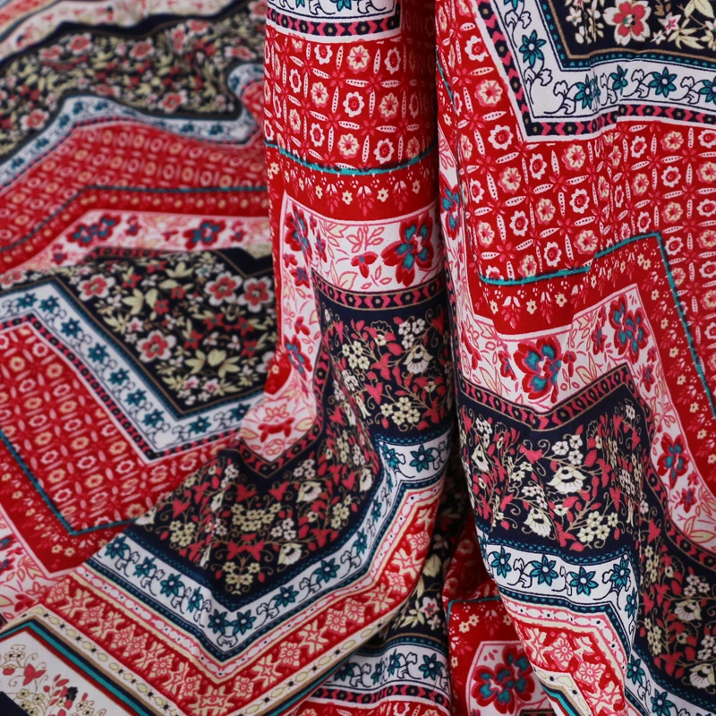 Red Floral Patchwork Fabric Bohemian dress textile rayonin Fabric from