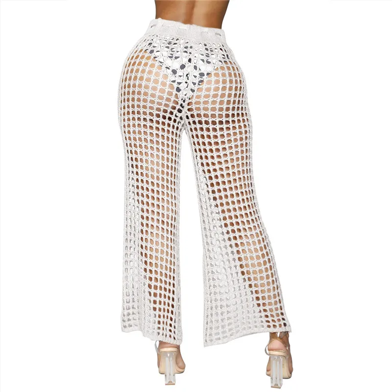 Adogirl Women Beach Flare Pants Solid Knitted Hollow Out Fishnet Wide Leg Pants High Waist Lace Up Sashes Night Club Trousers