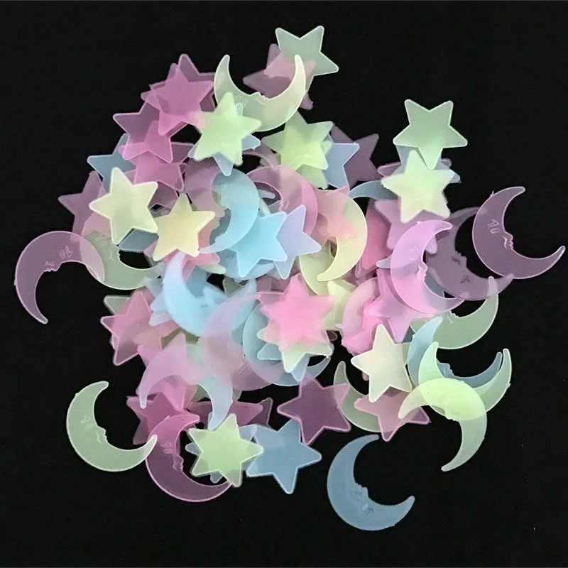 100Pcs Star and Moon Energy Storage Fluorescent Glow In The Dark Christmas Party Wall Decor Stickers Baby Home Decoration DE62 (8)