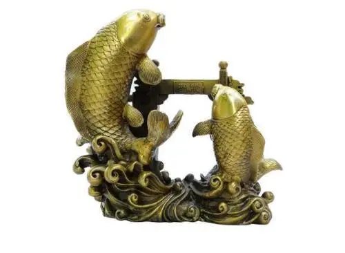 

FengShui China Chinese Bronze 2 Wealth JiXiang Fish Statue Jump Long Men
