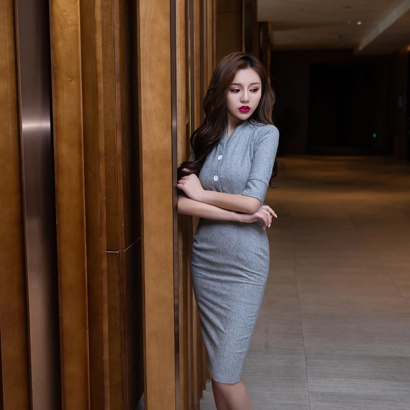 

Vintage Elegant Light Gray Pencil Dress Women Autumn Winter Half Sleeve Split Midi Bodycon Dress Vestidos