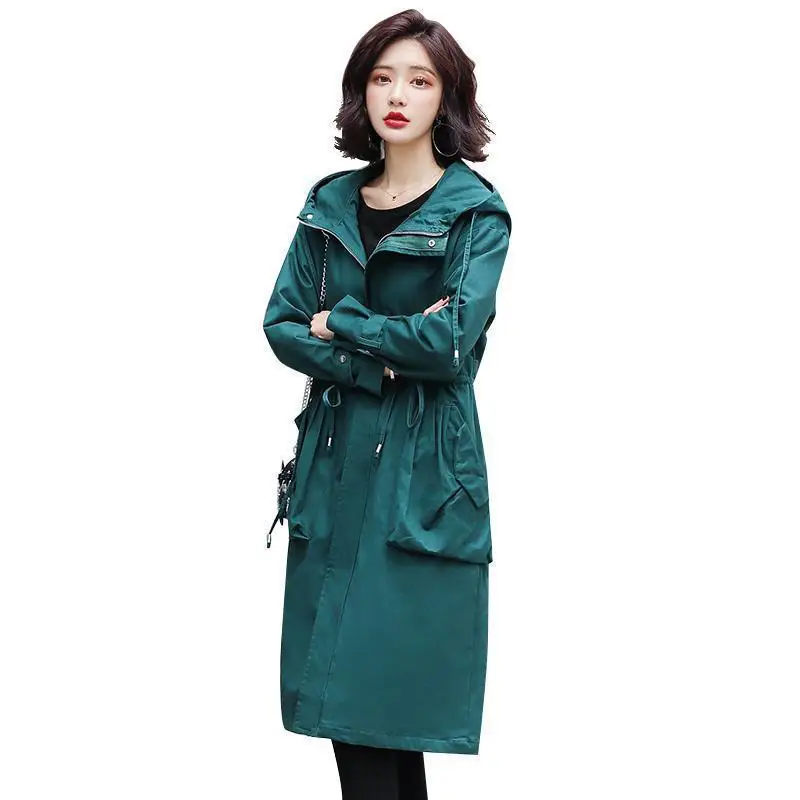 

Women vintage trench coat spring autumn slim long sleeve hooded meidum long Windbreaker Korean overwear plus size outerwear