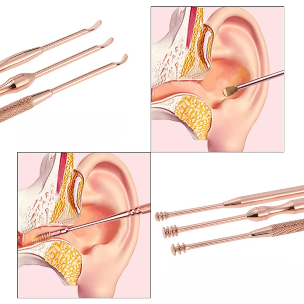 1 Набор, Ушная восковая кюретка для удаления, 3 шт, нержавеющая сталь, Ушная палочка, двухсторонняя Ушная палочка, Ушная палочка, чистящая ложка, спиральное ушное средство, 3 вида стилей