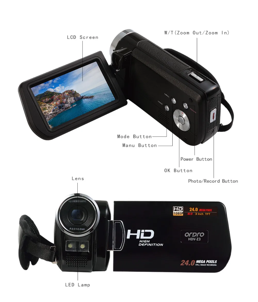 Ordro Портативная Цифровая видеокамера HDV Z3 1080P FHD 24.0MP 16X цифровой зум Мини с 3 0