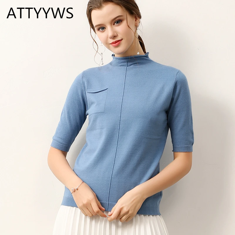 

New women's half-high collar short-sleeved sweater solid color knitted short pullover soft and comfortable spring and autumn mod