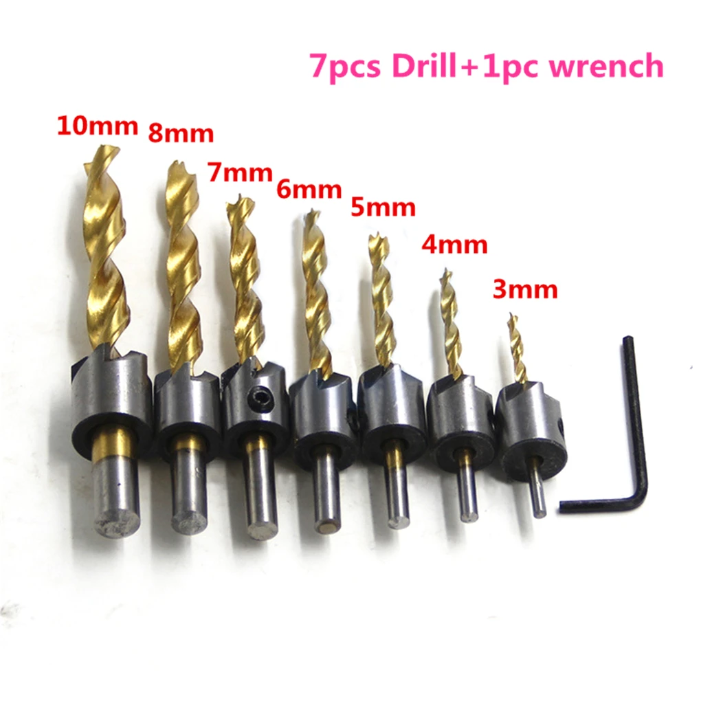 

7pcs Titanium Coated Woodworking Cone Countersunk Chamfering Hole Saw Cutter Drill Bits 3 Tips Woodworking drill3,4,5,6,7,8,10mm