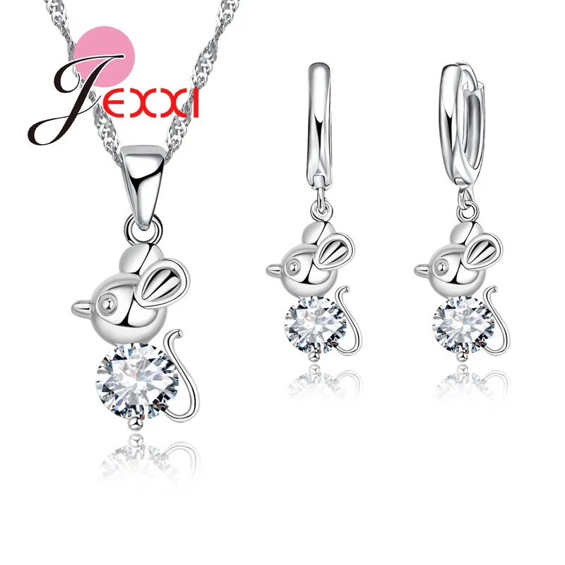 

Valentine's Day Present Pretty Animal Silver Jewelry Set For Girl/Children Shiny Mouse Pendant Fashion Accessories