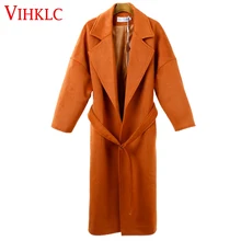 Женское кашемировое пальто новое модное осенне-зимнее шерстяное пальто Длинная Кофта свободного кроя корейское Новое Женское повседневное пальто с поясом G379