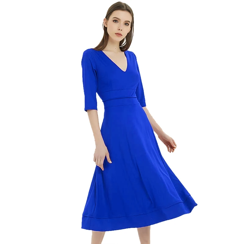 Осенне-зимнее платье женское повседневное винтажное элегантное короткий рукав сексуальный глубокий V бальное платье с круглым вырезом длинное платье плюс размер - Цвет: Синий
