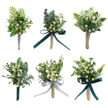 

Handmade Artificial Green Plants Brooch Bouquet Corsage Wristlet Groom Bride Realistic Berry Boutonniere Wedding Party Decor