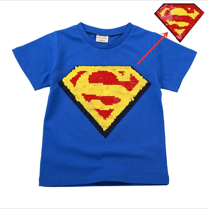 

summer boys change face color magic discoloration T-shirts sequin superman cartoon paillettes t shirt for boy gifts 2-8 years