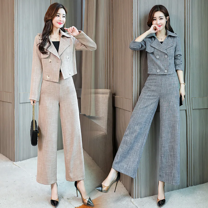 

Women's suit short suit wide leg pants two-piece female 2019 autumn new fashion temperament solid color versatile coat shirt