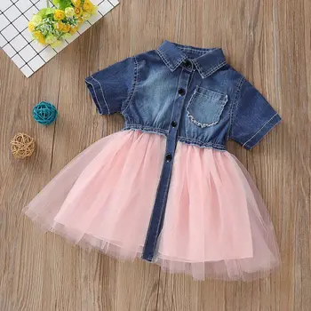 

Baby Girls Casual Denim Dress Kid Mesh Turn-Down Collar Dresses Newborn Cute Dress forToddler Children Clothing 0-4Y