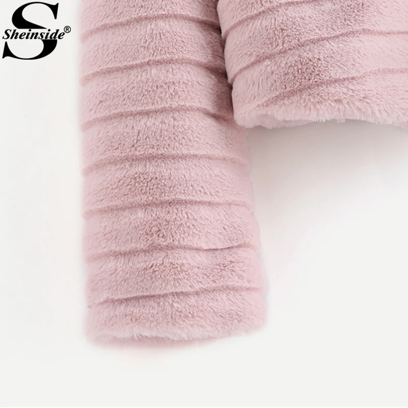 Sheinside Pink Pearl Beading Textured Faux Fur Coat Winter Collarless Cute Outerwear With Lining 2018 Womens Elegant Coats