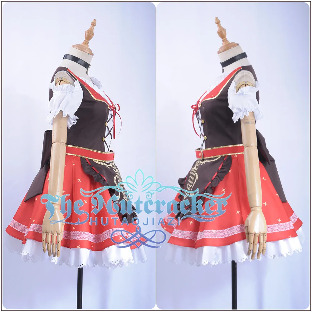 x_07Game LoveLive!Sunshine!! Aqours Bremen Band Kurosawa Dia Cosplay Costume Women Short Sleeve Dress Apron Red Skirt Socks Hairpin (3)