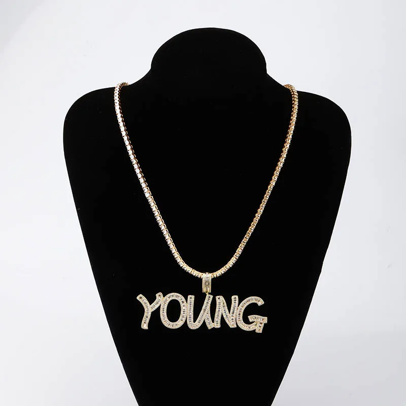 TOPGRILLZ Custom Name Baguette Stone Letters Hip Hop Pendant Chain Gold Silver Bling Zirconia Men's Hip Hop Pendant Jewelry TOPGRILLZ Custom Name Baguette Stone Letters Hip Hop Pendant Chain Gold Silver Bling Zirconia Men's Hip Hop Pendant Jewelry