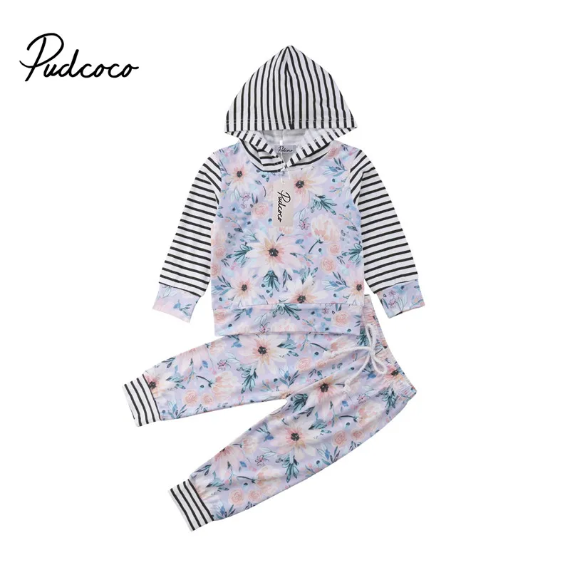 2PCS Children Baby Warm Kids Girl Floral Hoodie Tops Long Pants Clothes Suits