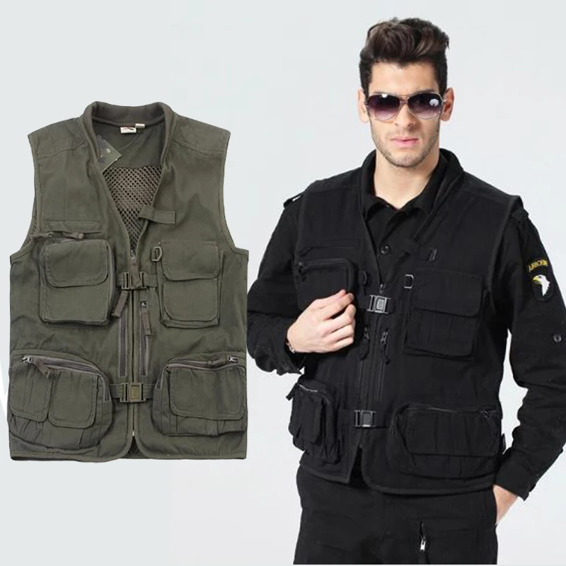 2017 New Summer Fall Man's Cotton Army Green Black Vest Coats , Male Mesh Multi pocket