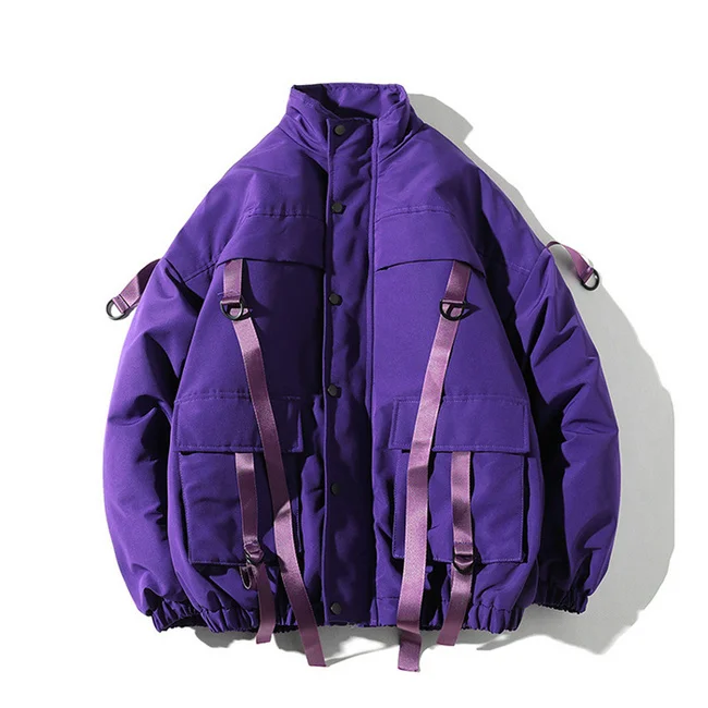 drop shipping Men Winter Jacket Coats Casual Windbreaker Mens Parka Hip hop Bandage design Coats Man Streetwear Outwear ABZ59 - Цвет: Фиолетовый