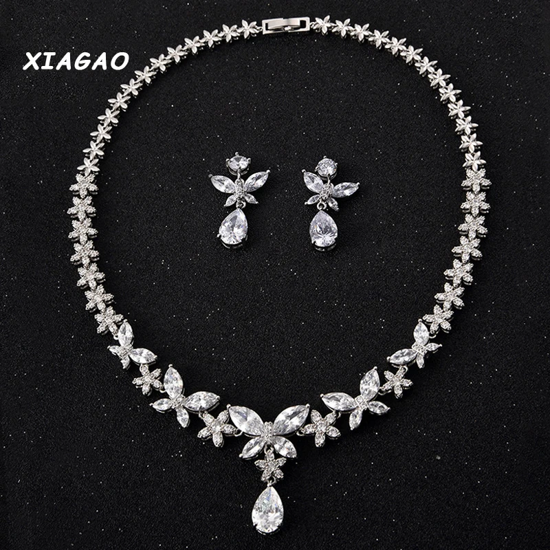 

XIAGAO Stunning Marquise Cubic Zirconia Necklace Earrings High Quality Wedding Jewelry Sets With White Gold-color