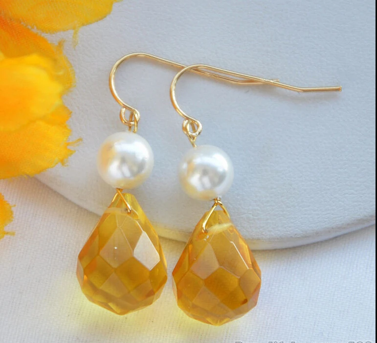 

Free shipping@@@@@ WOW 17mm citrineTeardrop crystal white round pearl dangle earring Z5780 6.10