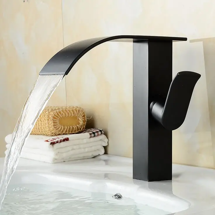 Bathroom ORB wash basin faucet waterfall, Brass single hole basin faucet hot and cold, Copper sink basin faucet water tap black copper three hole sink basin faucet golden brass handle bathroom bathtub faucet deck wash basin faucet mixer hot and cold