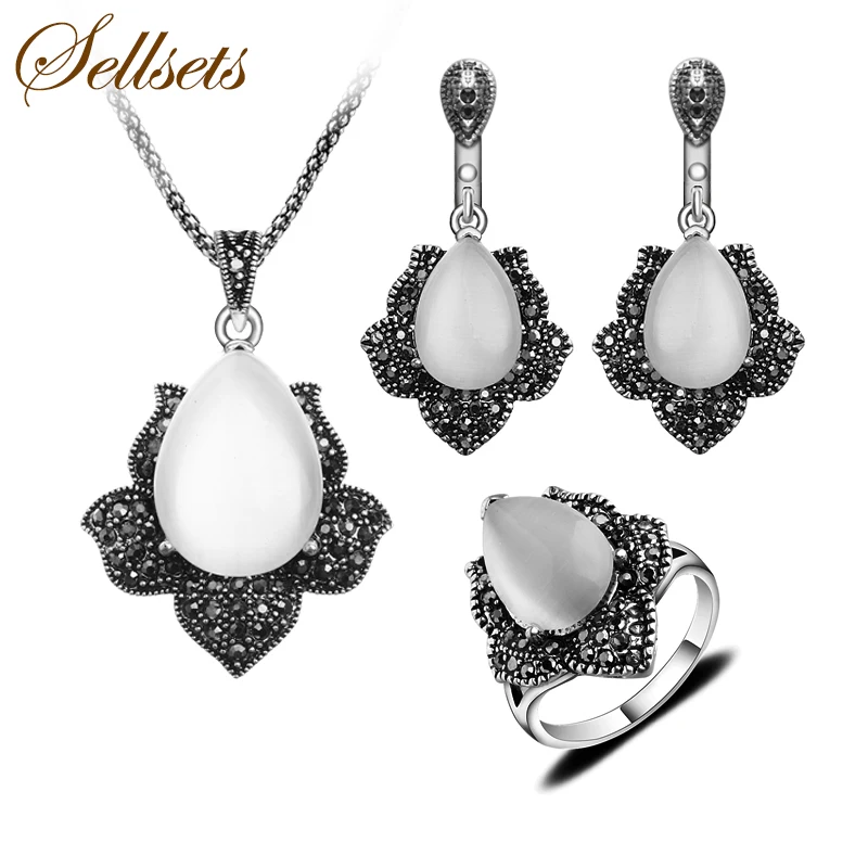 

Sellsets High Quality Vintage Silver Color Turkish Jewellry Set Black Rhinestone And Natural Stone Jewelry Sets For Women Gift