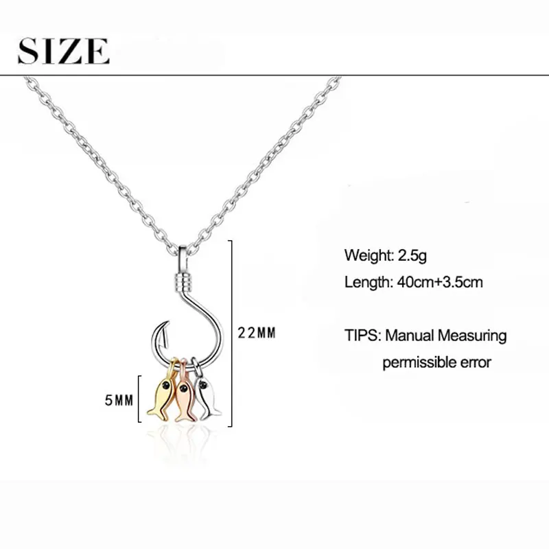 ANENJERY 925 Sterling Silver Necklace For Women Cute Fish and Fish Hook Necklace Chain Jewelry S-N376