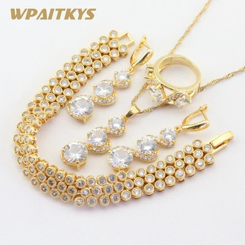 

Gold Color Jewelry Sets For Women Party White Cubic Zirconia Bracelet Earrings Necklace Pendant Rings Free Gift Box WPAITKYS