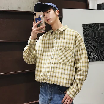 

2019 Autumn New Korean Retro Back Print Long-sleeved Three-color Loose Couple Wild Stitching Large Size Men's Casual Shirt