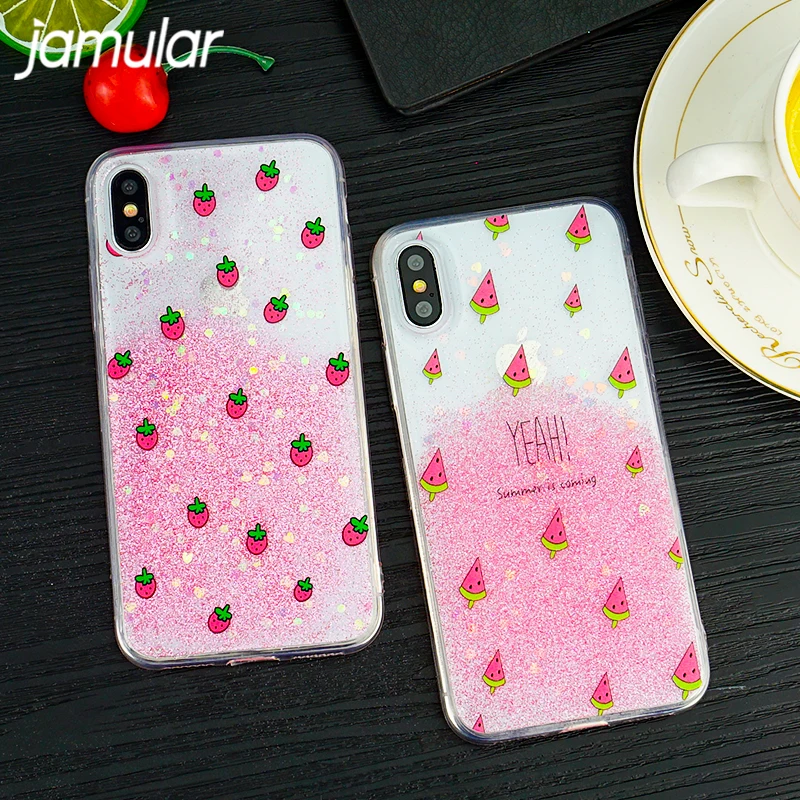 

JAMULAR Summer Fruit Phone Cases For iPhone 7 8 Plus 6 6s X Glitter Bling Watermelon Strawberry Soft Silicone Case For iPhone X