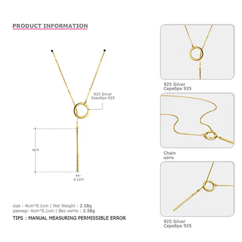 Pure 925 серебряные ожерелья для женщин длинный кулон палка простой дизайн цепочки и ожерелья минималистский романтический стильны - Цвет камня: Gold