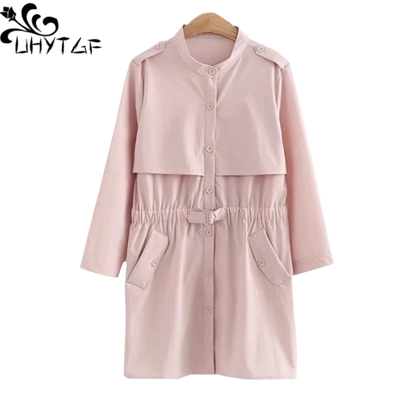 

UHYTGF Oversized Women spring outerwear Medium long Slim Female trench coat Single-breasted elegant Lady coats 4XL Plus size 374