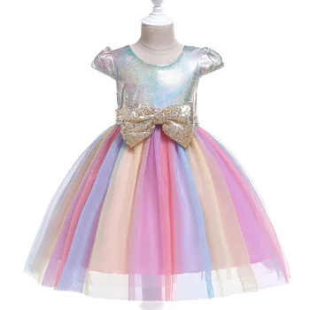 

summer Kids Rainbow Dress Sequin Bow Knot Girls Princess Ball Gowns Children Mesh Wedding Birthday Party Children Girls Dresses