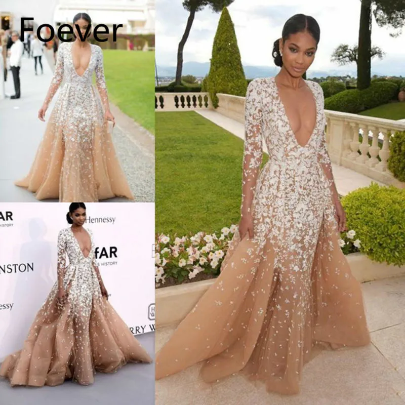 Deep V Neck Prom Dresses 2019 Champagne Color White Appliques Long