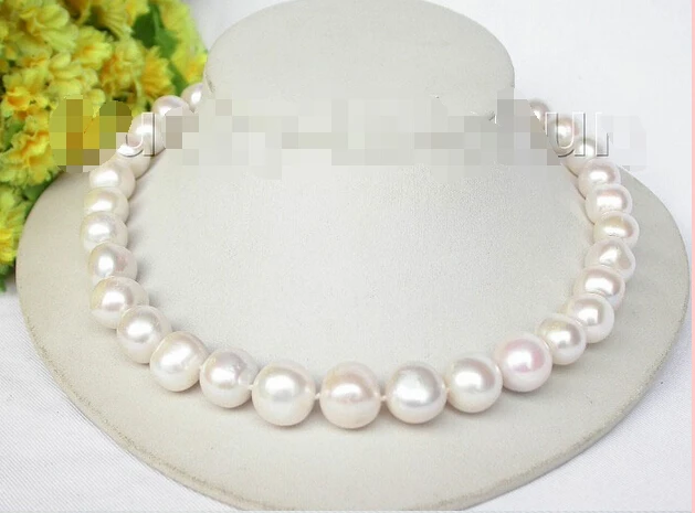 

>>>>>>17" 14mm length white freshwater pearls necklace 925 silver clasp j8324