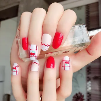 

Girls Cute Red Color Strawberry Printing Fake Nail Sweet Summer False Nails Long Oval Head Full Cover Nails Art Tips with Glue
