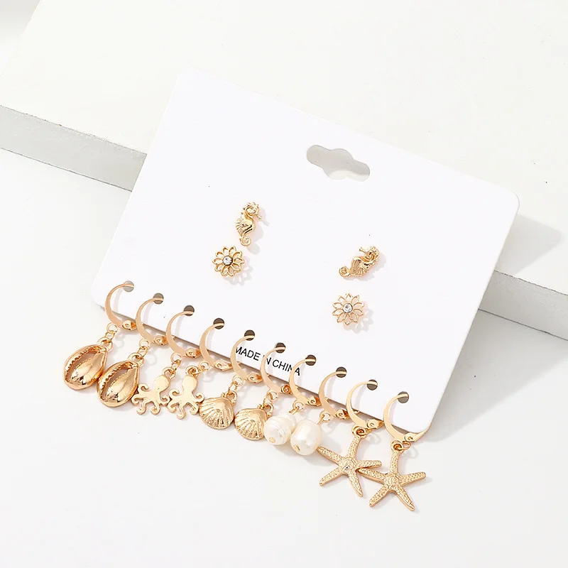 

8Seasons New Creative Beach Ocean Series Gold Color Shell Starfish Leaf Pearl Stud Earrings Set For Women Party Fashion Jewelry
