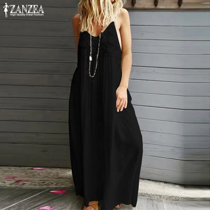 Bohemian Summer Sundress Women's Lace Patchwork Dress ZANZEA V-Neck Maxi Vestidos Female Spaghetti Strap Robe Oversized 5XL