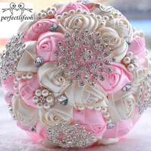 Perfectlifeoh Свадебный букет белые Сатиновые розы/украшение на свадьбу букет с кристаллами атласная лента Ramo Novia Свадебные букеты