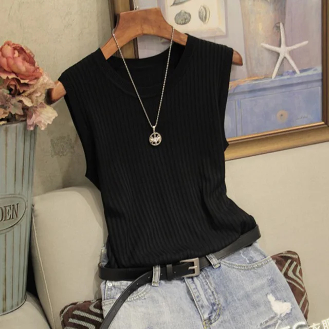 Knitted Vests Women Top O-neck Solid Tank Fashion Female Sleeveless Casual Thin Tops 2022 Summer Knit Woman Shirt Gilet Femme Black