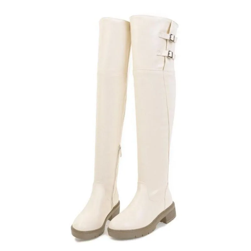 Taoffen/Женские Сапоги выше колена; Теплая обувь в байкерском стиле с пряжкой; женские сапоги на высоком каблуке; модная обувь на толстом каблуке в стиле панк; размеры 34-43