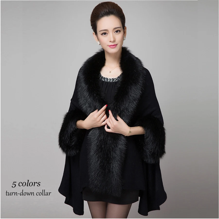 

New Fashion Sexy Women Wool Imitation Fox Fur Shawl Coat Long Loose Sweater Lapel Sleeved Cloak Pashmina Snap Cardigan