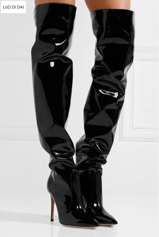 Cuir Toe Cuissardes Noir Nouvelles Bottes Dames Chaussons Botas Point Haute Miroir Genou 2019 Slip Sur Femmes Longues En t81qwz