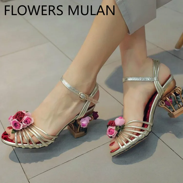 

Brand New Flowers Buckle Narrow Band Women Sandals Peep Toe Strange Mosaic Floral Metallic Heels Zapatos De Mujer Shoes Woman