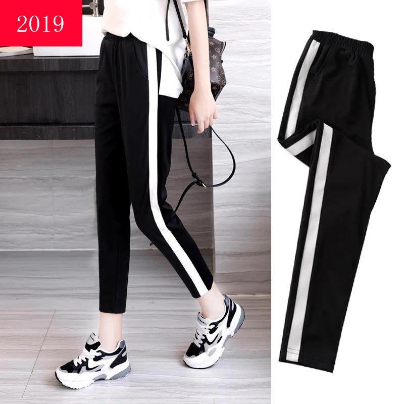 

2019 Autumn Joggers Women Silver Striped Sweatpants Ankle Length High Waist Casual Harem Pants Women Trousers pantalones mujer