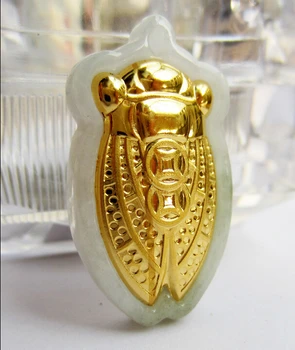 

Pure 24k Yellow Gold 100% Natural /Jadeite Cicada Pendant