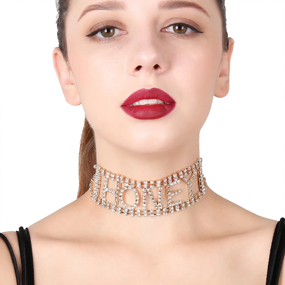 

IngeSight.Z Luxury Crystal Choker Necklace for Women Shiny Rhinestones Letter HONEY SEXY Collar Clavicle Chain Statement Jewelry