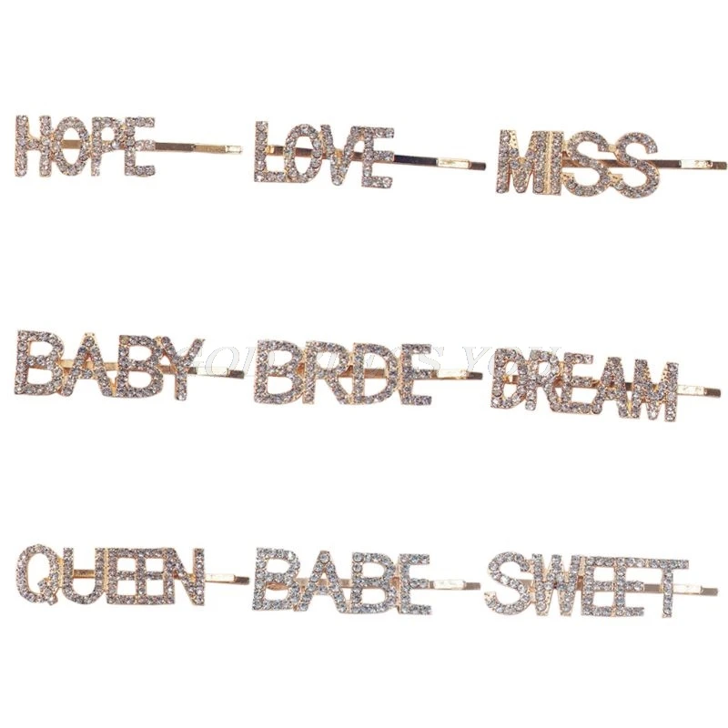 Women Girls Novelty Hollow Out Letters Hair Clip Luxury Shimmer Rhinestone One Word Hairpins Night Club Party Styling Barrettes
