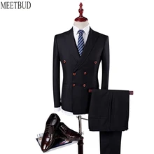 MEETBUD Brand men suit for wedding business casual slim fit party man blue black suits dress (jacket+pants+vest) Double-breasted